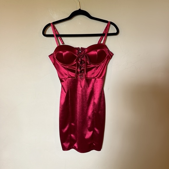 Red satin mini dress corset front ties padded bra adjustable straps ruched Sz S - Picture 7 of 14